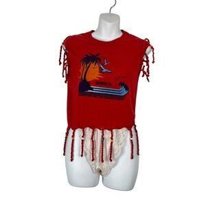 Vintage Jamaica Cutoff Tee with Braided Fringe & Beads Red Sunset Graphic Medium